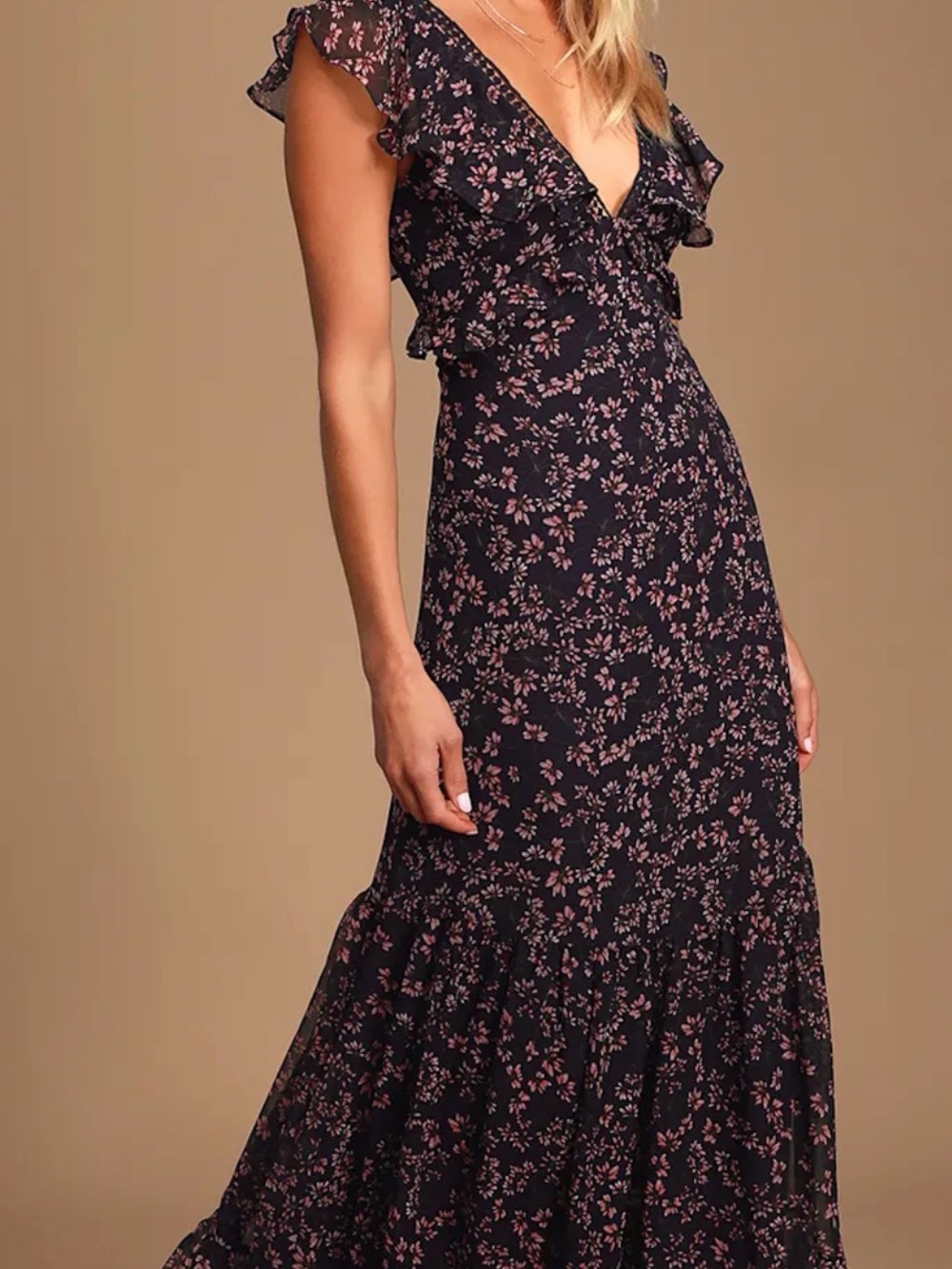 Lulu's Black Maxi Dress with Pink Floral Print